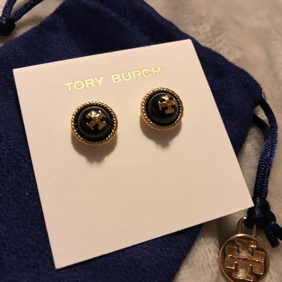 NWT Tory Burch Rope Logo Stud earrings Black/Gold - Picture 2 of 4